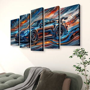 A five-panel canvas wall art set depicting a blue sports car with swirling orange, red, and white abstract paint effects, displayed above a green sofa in a living room setting.