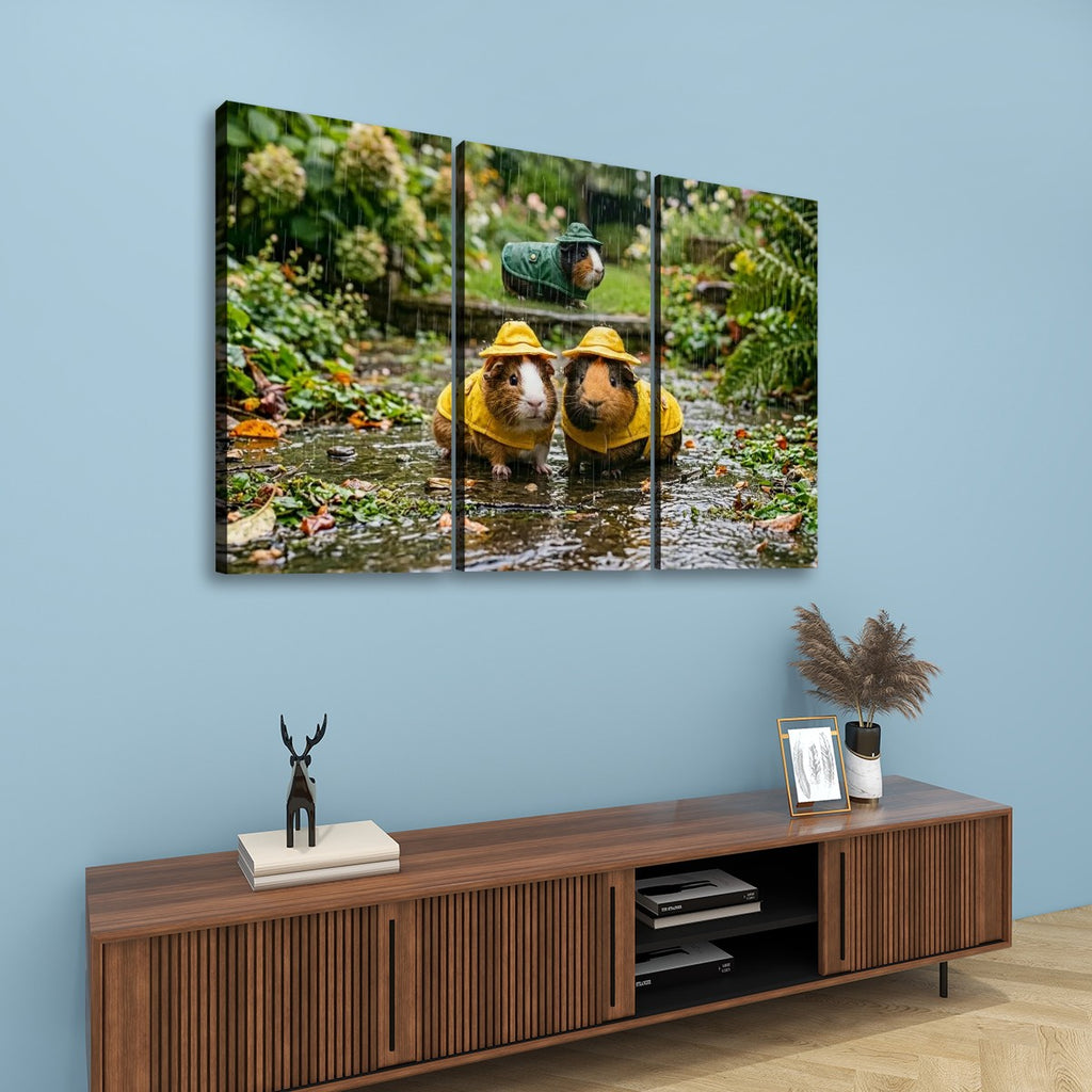 3 Guinea Pigs Playing in the Rain | 5-Panel Level Canvas Wall Art | 1, 3, 5 Panel