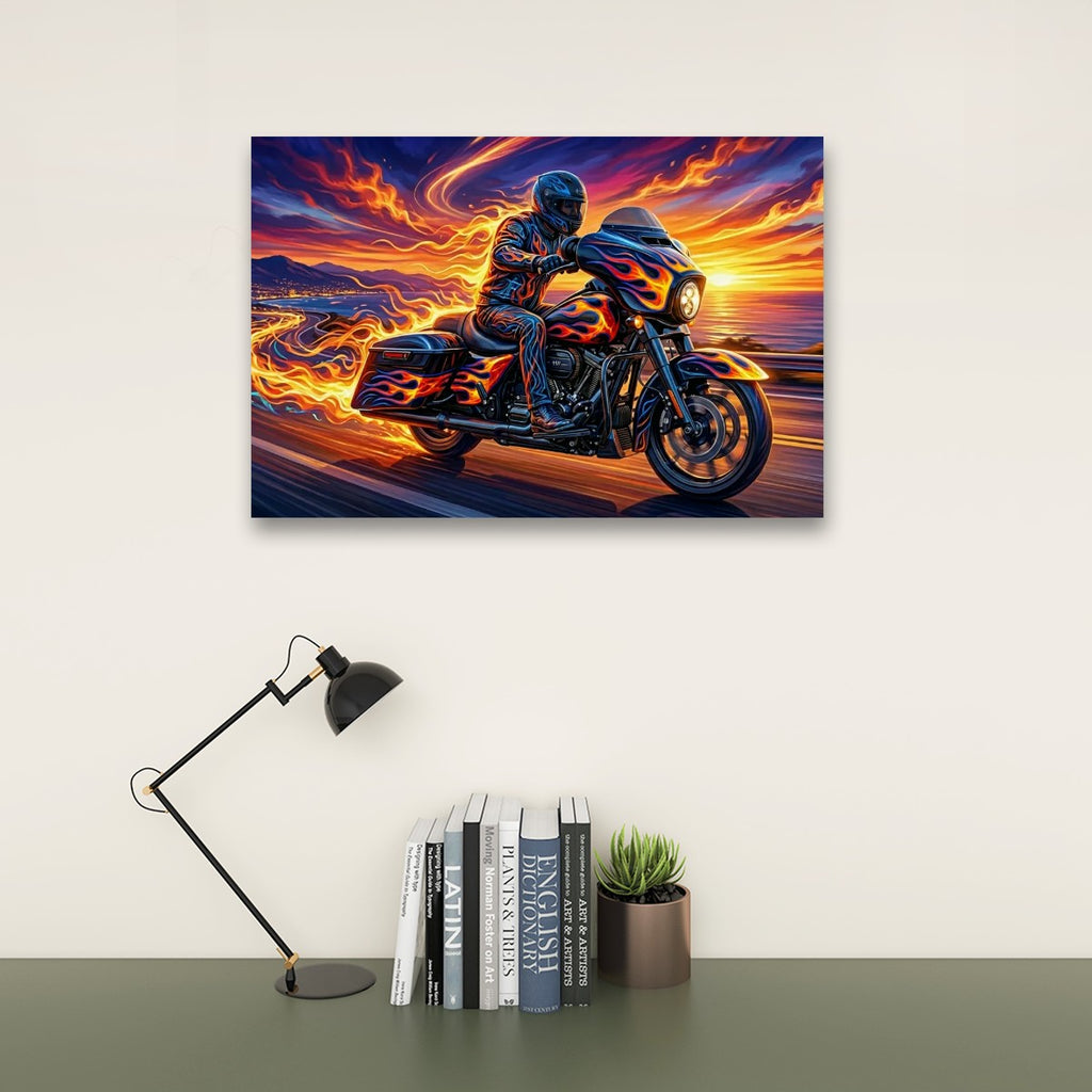 A rectangular wall art print showing a motorcycle rider on a flaming motorcycle against a dramatic sunset sky, displayed above a desk with a black lamp, books, and a small potted succulent.
