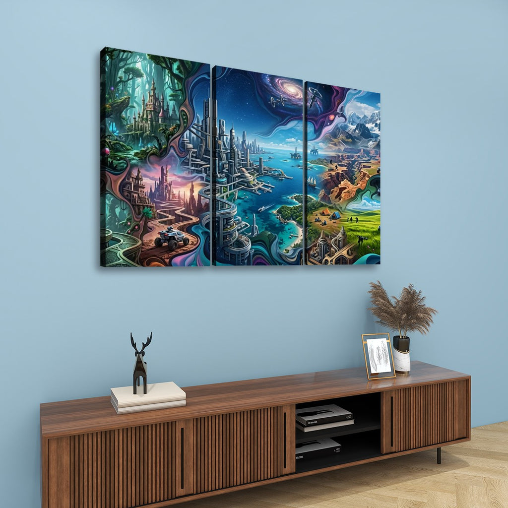 A three-panel canvas wall art set depicting a colorful fantasy landscape with glowing castles, water, and swirling cosmic elements, displayed above a wooden console table against a light blue wall.