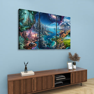 A three-panel canvas wall art set depicting a colorful fantasy landscape with glowing castles, water, and swirling cosmic elements, displayed above a wooden console table against a light blue wall.