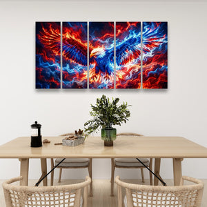 A 4-panel canvas wall art set depicting a dramatic, fiery eagle with red, orange, and blue feathers, displayed on a white wall above a modern wooden dining table with chairs.