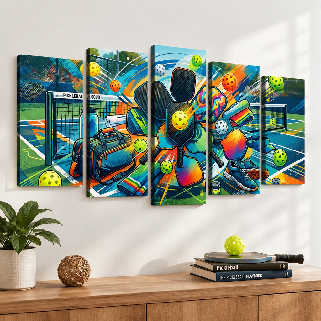 A 5-panel canvas wall art set depicting a colorful, dynamic abstract illustration of pickleball players on a court, displayed on a white wall above a wooden console table with a plant and books.