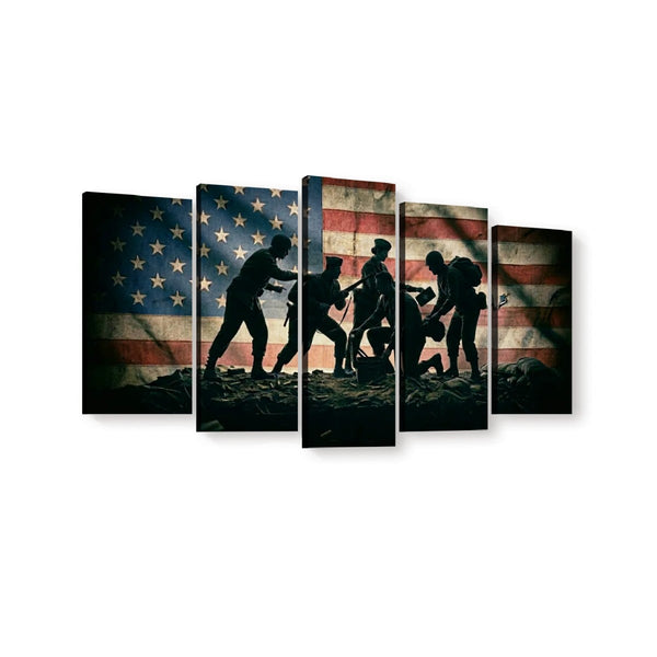 Five-panel canvas wall art showing silhouetted soldiers in front of a distressed American flag, displayed against a plain white background.