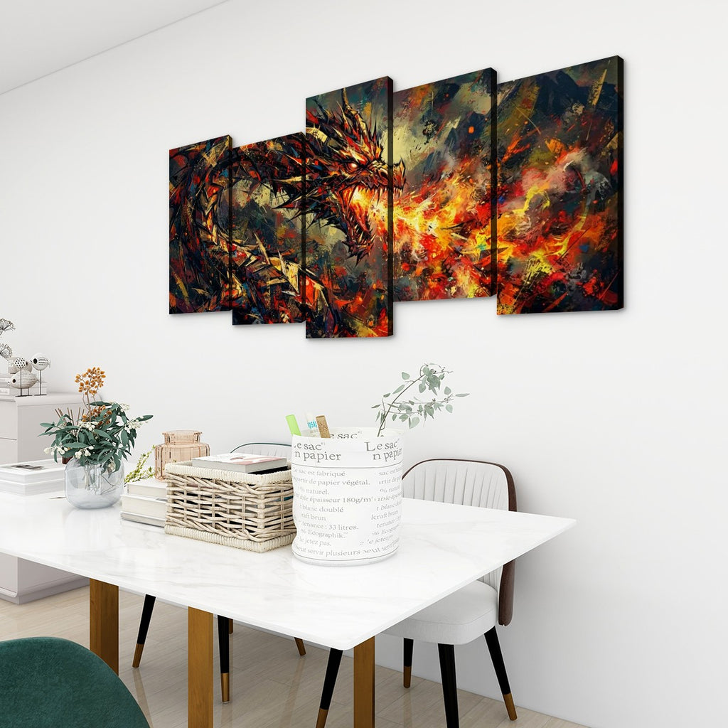 A five-panel canvas wall art set depicting a dramatic fiery dragon scene, displayed on a white wall above a dining table in a modern, bright room.