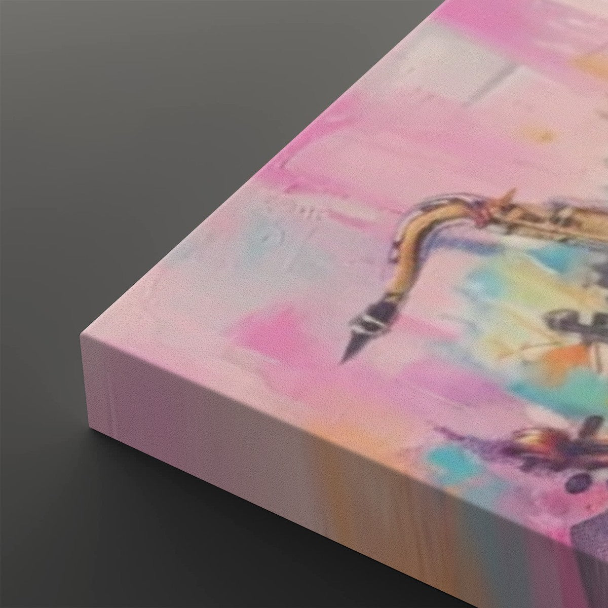 A close-up of a square canvas print showing a colorful abstract painting of a saxophone, with pink, blue, yellow, and orange tones on a dark gray background.
