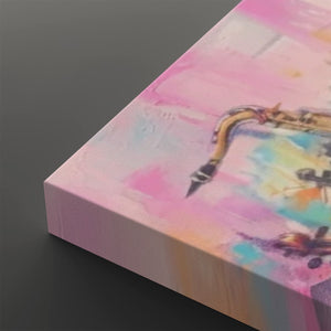 A close-up of a square canvas print showing a colorful abstract painting of a saxophone, with pink, blue, yellow, and orange tones on a dark gray background.