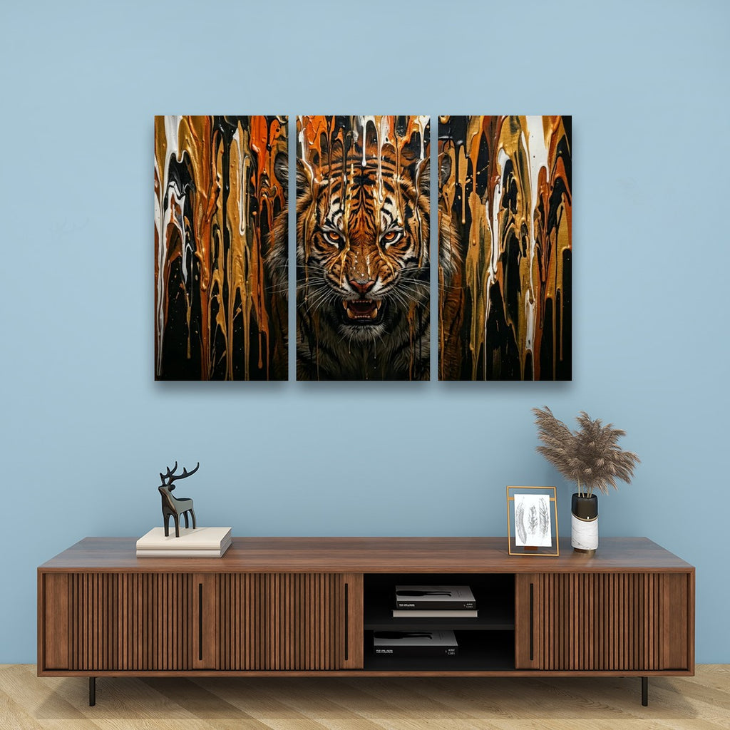 Tiger Bursting Through Dripping Paint Canvas Wall Art – Unleashed | Multi-Panel Wildlife Print
