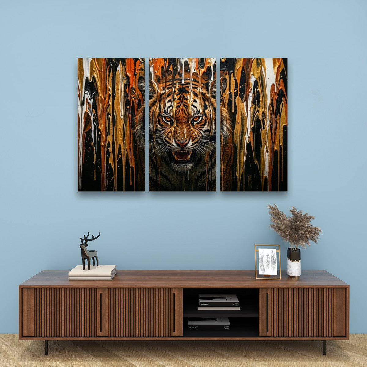 Tiger Bursting Through Dripping Paint Canvas Wall Art – Unleashed | Multi-Panel Wildlife Print