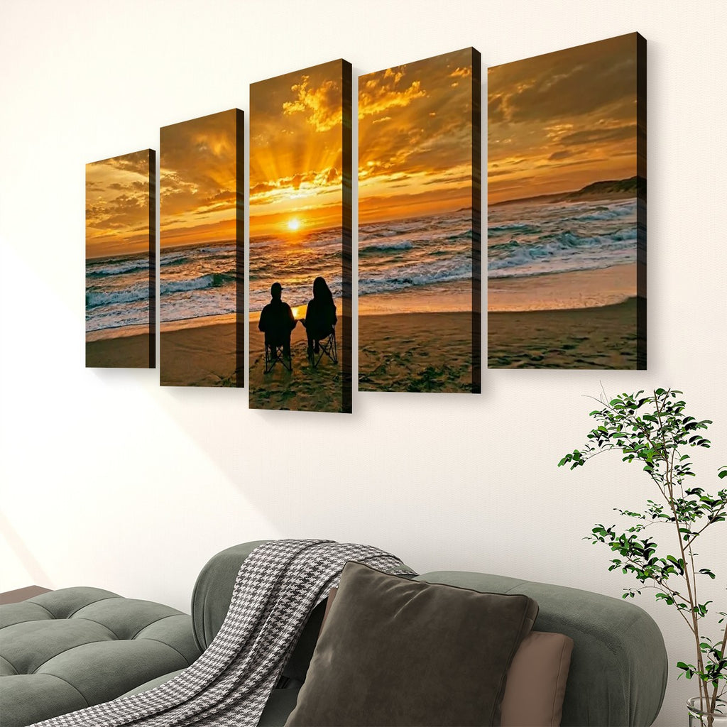 Sunset Surf Couple on the Beach Canvas Wall Art – Romantic Coastal Scene | 5-Panel Level Print