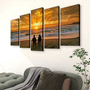 Sunset Surf – Couple on the Beach 5-Panel Canvas Wall Art