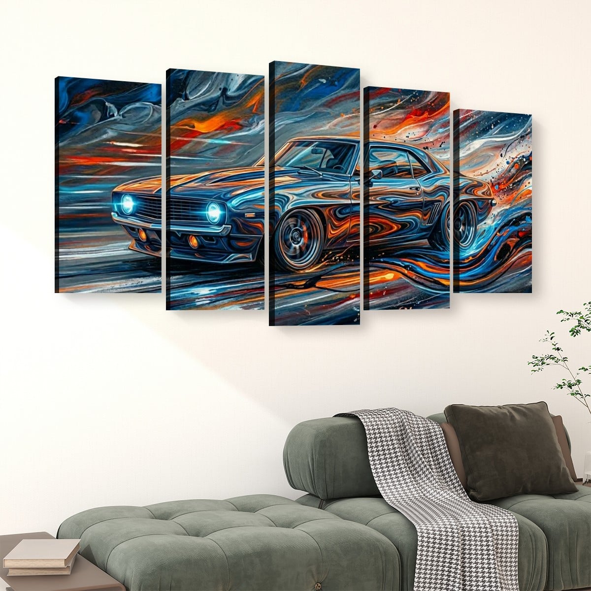A five-panel canvas wall art set depicting a stylized 1969  Camaro blue muscle car with swirling orange, red, and white brushstrokes, displayed above a green sofa in a living room setting.