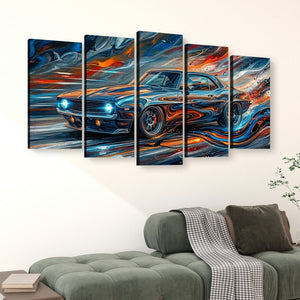 A five-panel canvas wall art set depicting a stylized 1969  Camaro blue muscle car with swirling orange, red, and white brushstrokes, displayed above a green sofa in a living room setting.
