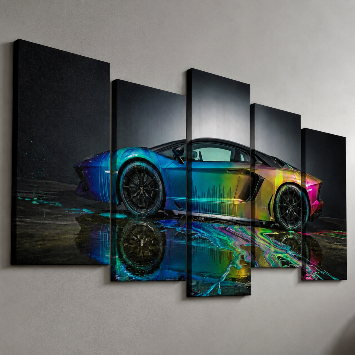 A five-panel canvas wall art set depicting a colorful Lamborghini Aventador sports car with a rainbow gradient over a dark reflective ground, mounted on a light gray wall.
