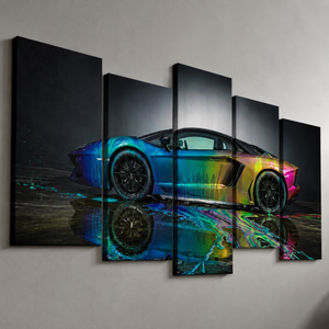 A five-panel canvas wall art set depicting a colorful Lamborghini Aventador sports car with a rainbow gradient over a dark reflective ground, mounted on a light gray wall.