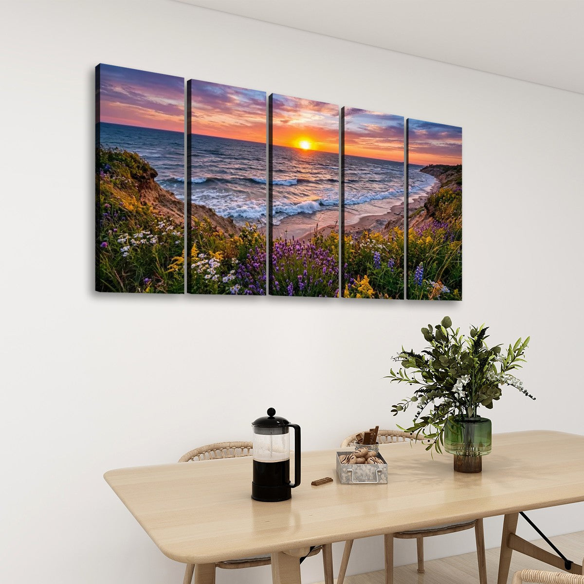 Lake Michigan Bluff at Sunset with Lavender Flowers  – 1, 3, 5-Panel Split Canvas Wall Art