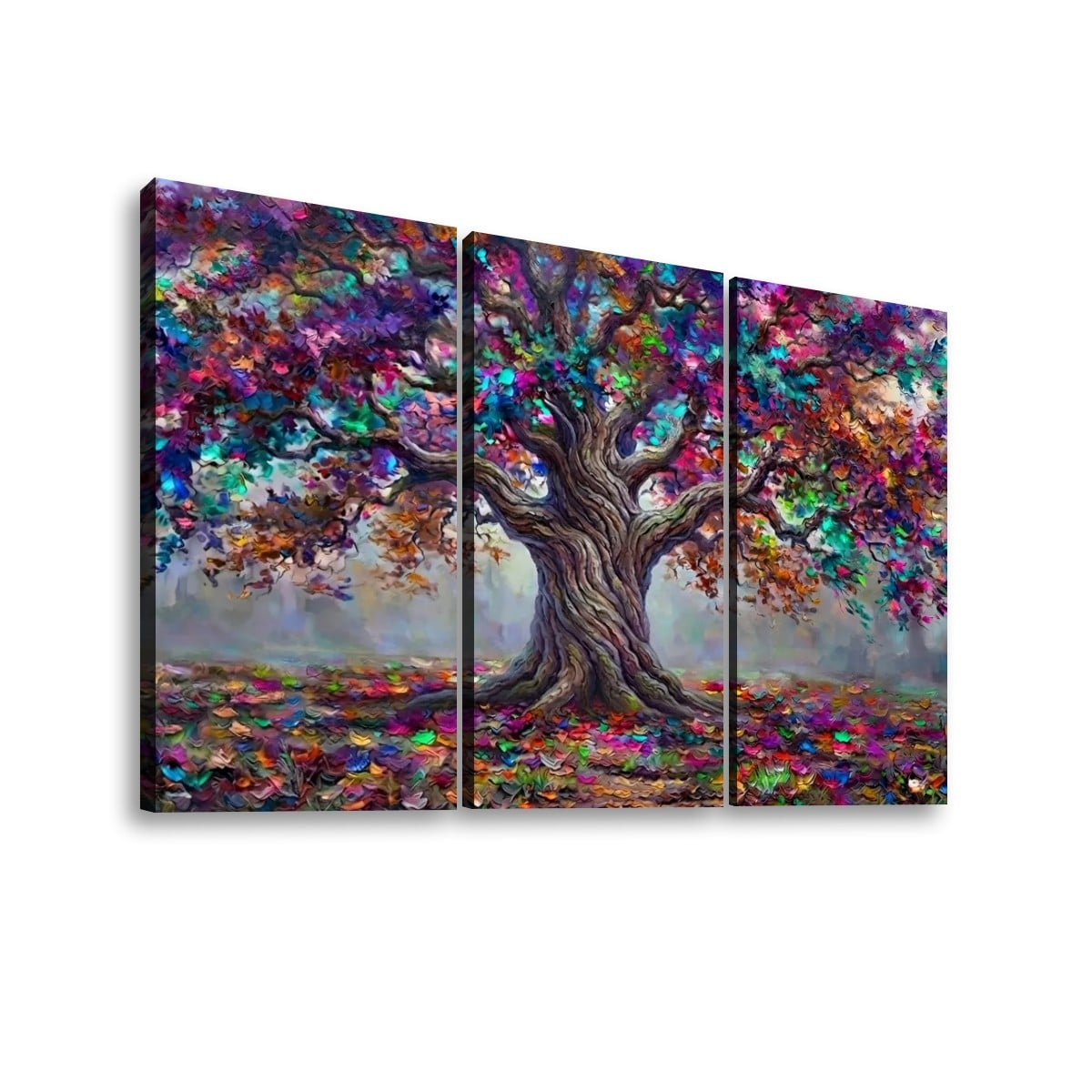 Three-panel canvas wall art showing a large tree with a thick brown trunk and colorful foliage in purple, pink, blue, green, and orange tones, displayed against a light gray background.