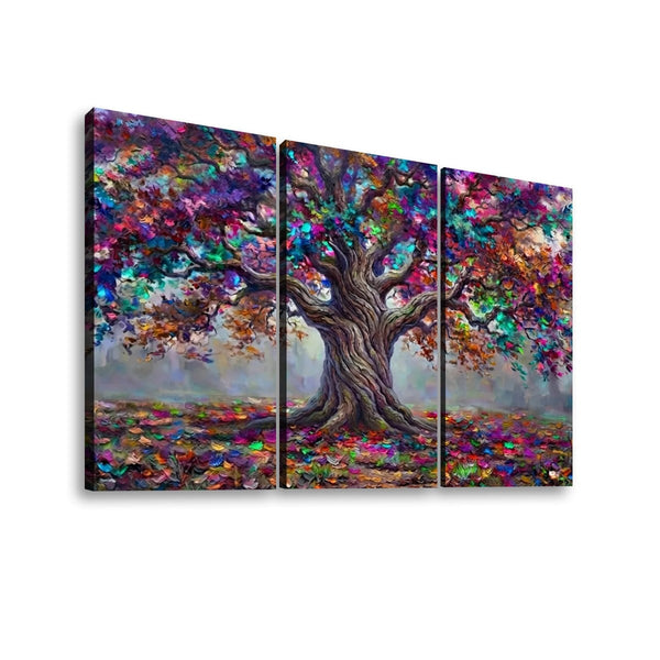 Three-panel canvas wall art showing a large tree with a thick brown trunk and colorful foliage in purple, pink, blue, green, and orange tones, displayed against a light gray background.