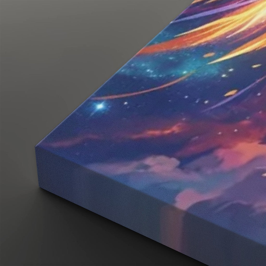 A close-up of a rectangular canvas print showing a colorful galaxy sky design with stars, nebulae, and shooting stars. The canvas is angled to show its side depth against a dark gray background.