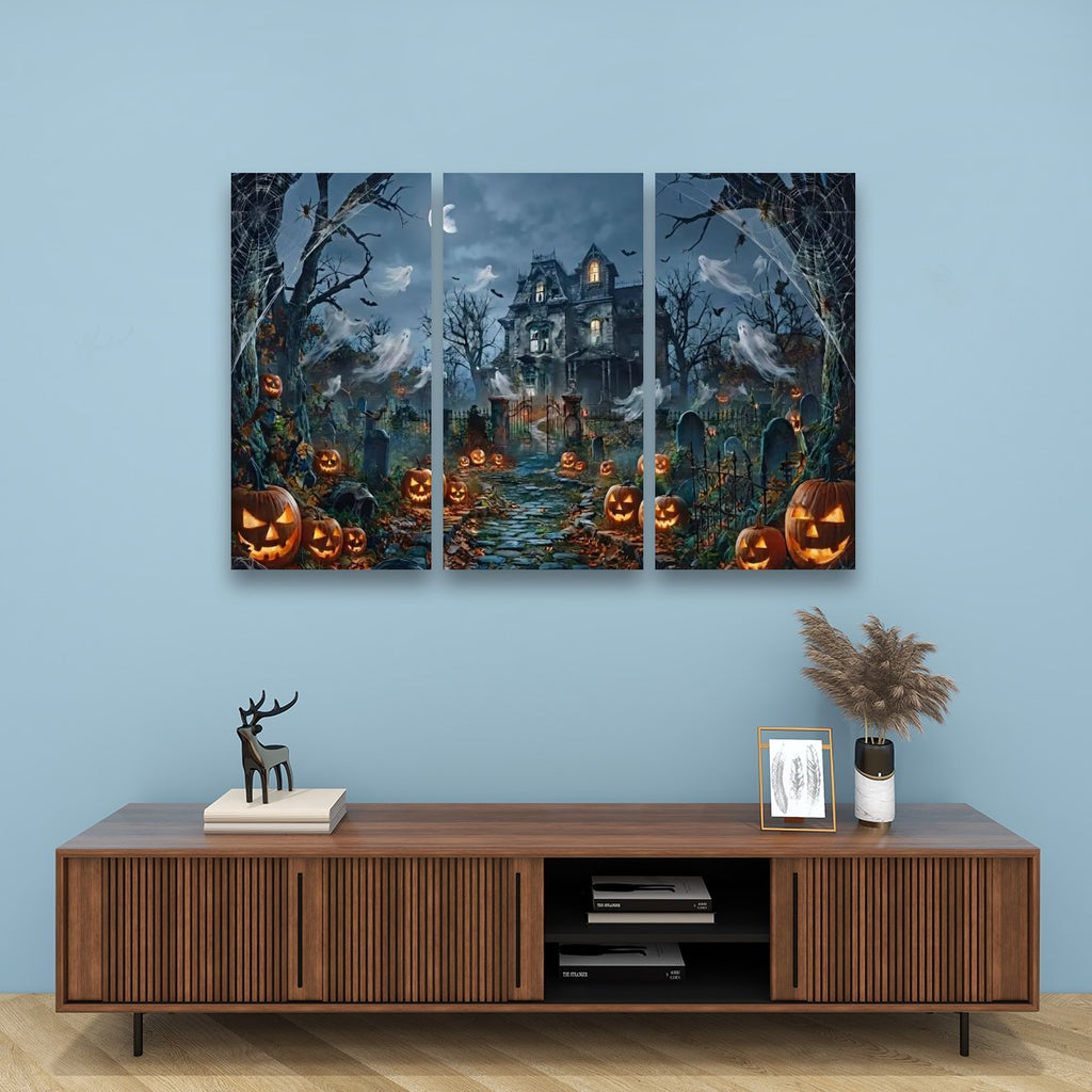 Halloween Haunted House Pumpkins & Moon — 5-Panel Level Canvas Wall Art