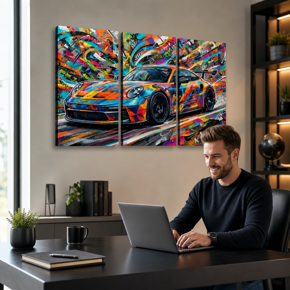 A man sits at a desk using a laptop in a modern office setting, with a three-panel canvas wall art print of a colorful 911 GT3 sports car hanging on the wall above him.