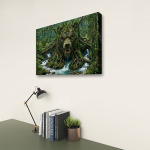A rectangular wall art print or canvas showing a forest scene with a large tree-like wolf head and waterfalls, displayed above a desk with books, a lamp, and a small plant against a light wall.