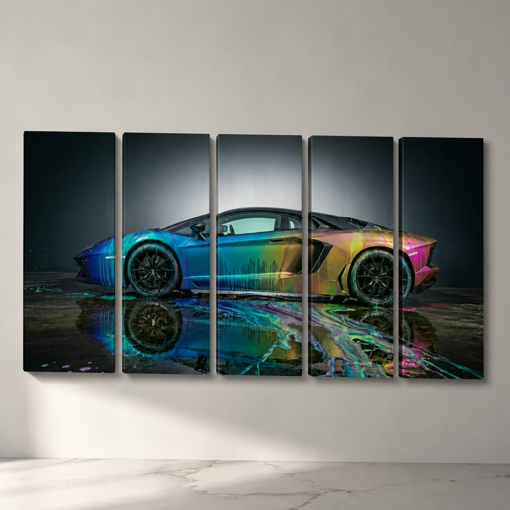 A five-panel canvas wall art set depicting a colorful Lamborghini Aventador sports car with a rainbow gradient and reflective paint effects, displayed on a light gray wall above a white marble floor.
