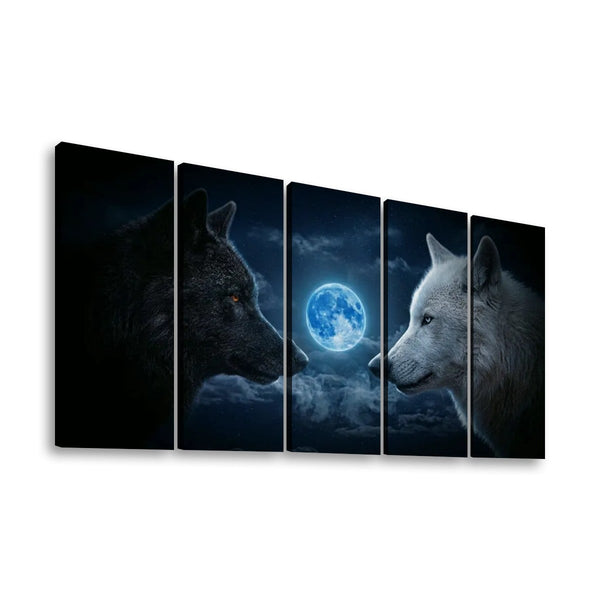 Blue Moon Wolves Canvas Wall Art – Wolf Pack Howling at the Moon | 1, 3 & 5 Panel Wildlife Print