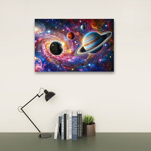 A rectangular wall art print showing a colorful outer-space scene with planets and a swirling nebula, displayed above a desk with a black lamp, books, and a small plant against a light wall.