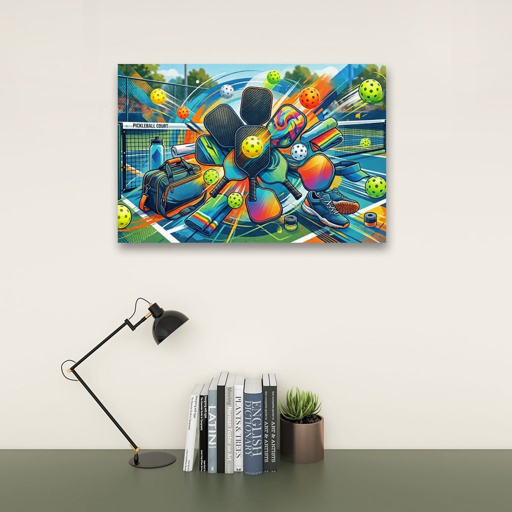 A colorful canvas wall art print depicting a stylized pickleball player and pickleballs, displayed on a beige wall above a desk with a black lamp, books, and a small potted succulent.
