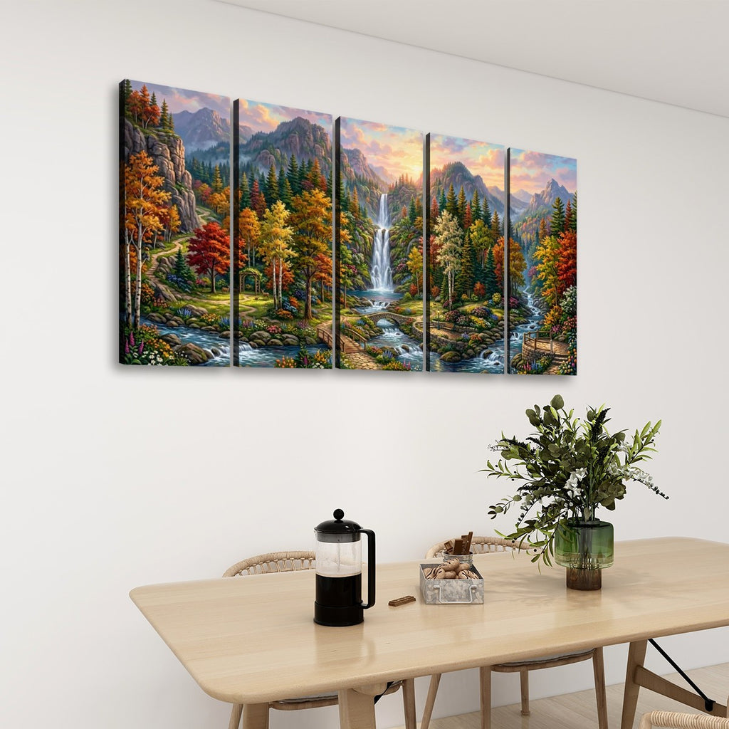 Waterfall Landscape Mountain Multi-Color Scene 5-Panel Canvas Wall Art