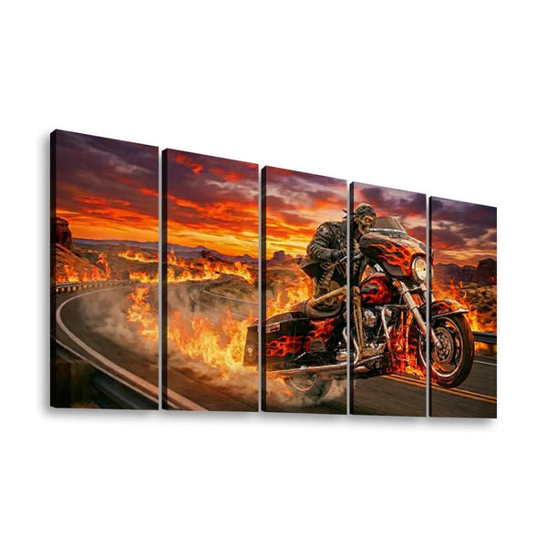 Dead Man's Ride Canvas Wall Art – Skeleton Bagger Wheelie | 5-Panel Level Motorcycle Man Cave Print