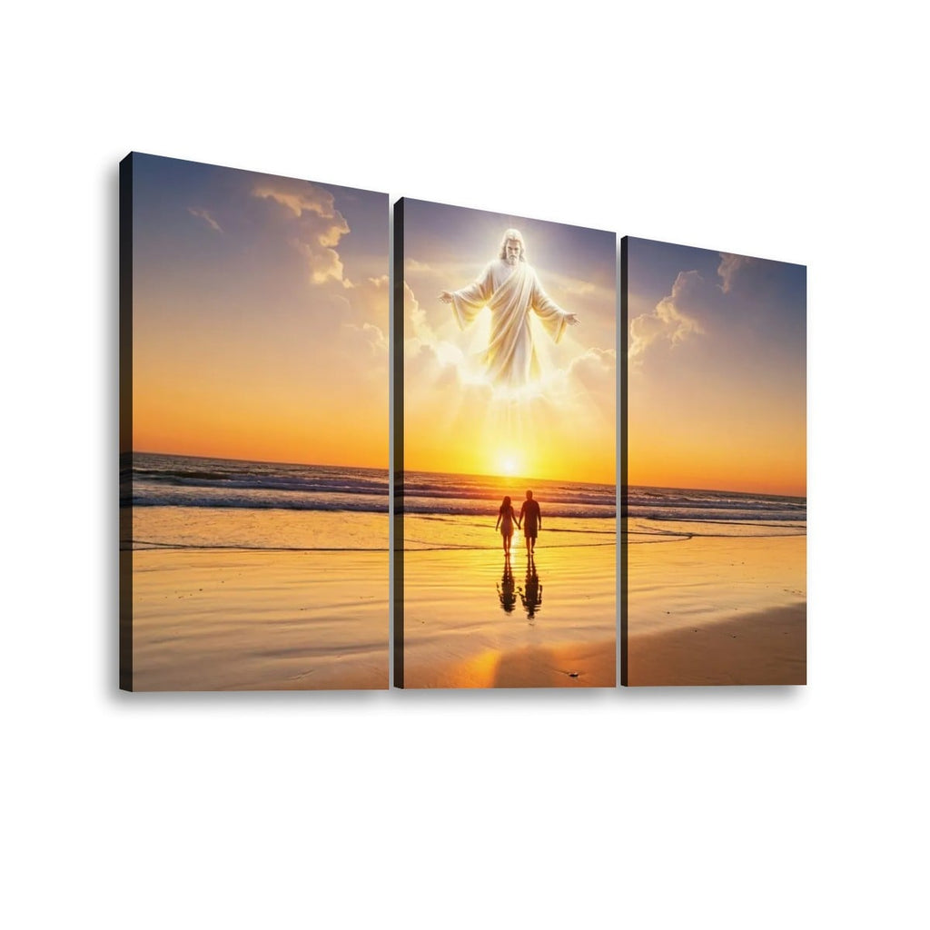 Three-panel canvas wall art showing a beach sunset scene with a glowing white figure above two silhouetted figures walking on the sand, displayed against a light gray background.