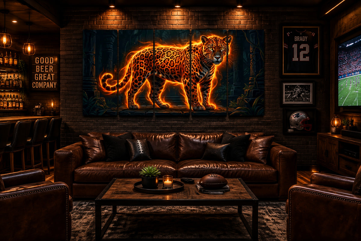 A four-panel canvas wall art set depicting a glowing orange leopard in a dark forest.