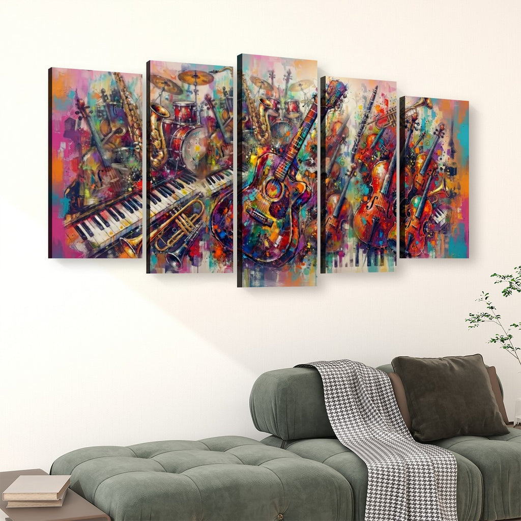 A five-panel canvas wall art set depicting a colorful, abstract musical scene with guitars, saxophones, and piano keys, displayed above a green sofa in a living room setting.
