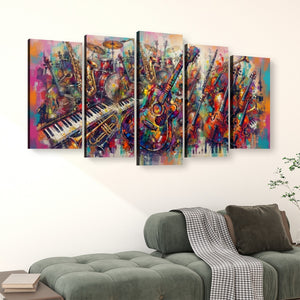 A five-panel canvas wall art set depicting a colorful, abstract musical scene with guitars, saxophones, and piano keys, displayed above a green sofa in a living room setting.
