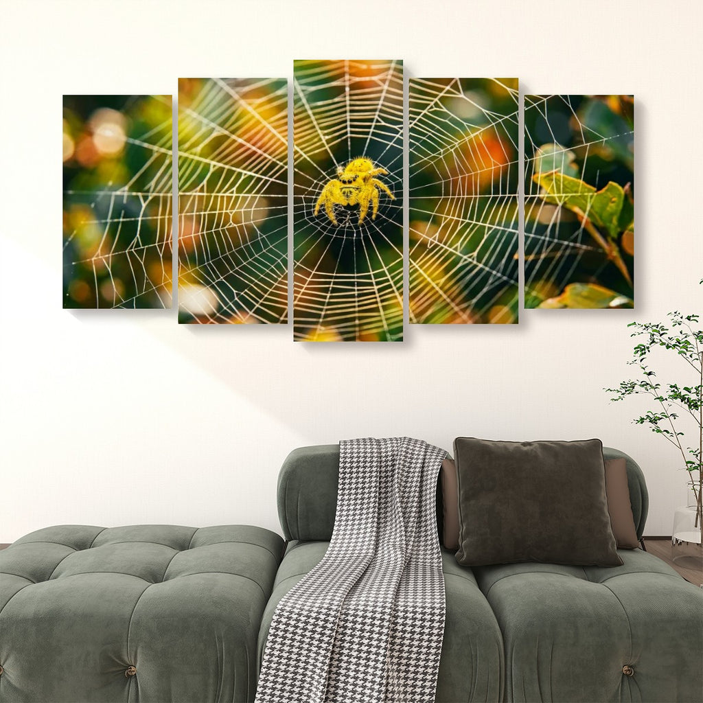A five-panel canvas wall art set depicting a yellow  jumping spider in the center of a large web against a warm green and orange blurred background, displayed above a green sofa in a living room setting.