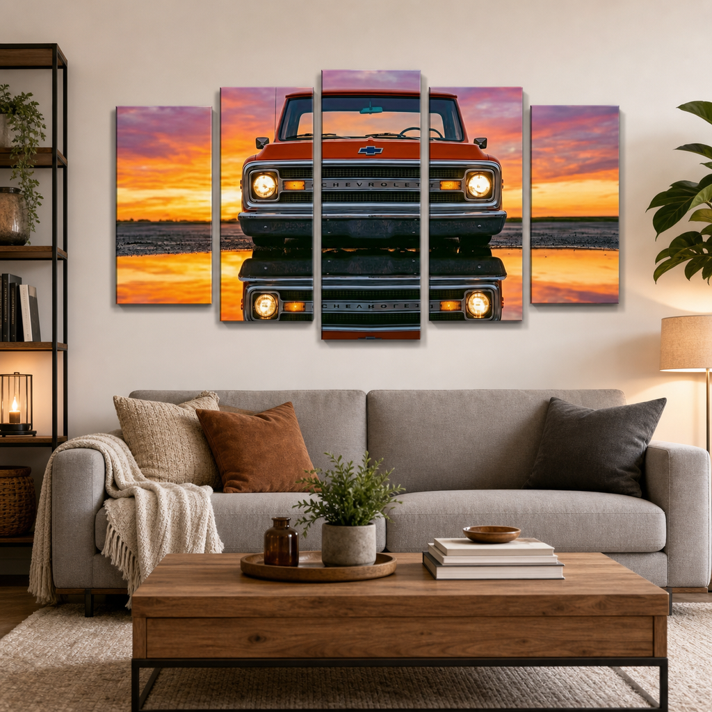 1970 Chevy C-10 Slammed Pickup Canvas Wall Art – Reflection | Single Panel & 5-Panel Level Classic Truck Print