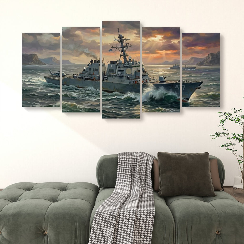 Warship Battling Rough Seas Canvas Wall Art – Storm Fury | 5-Panel  Military Naval Print