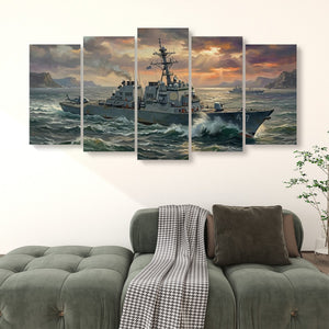 Storm Fury – Warship Battling Rough Seas 5-Panel Canvas Wall Art