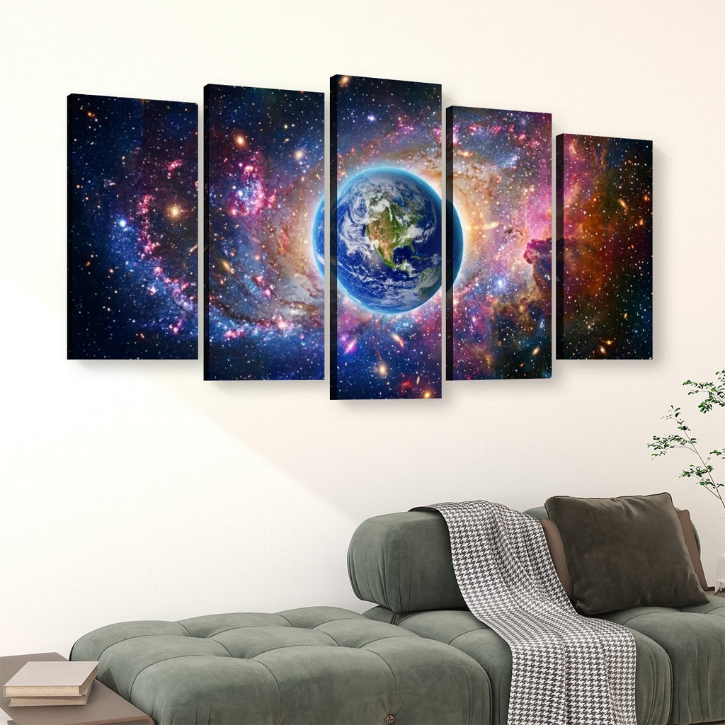 Cosmic Sovereignty Canvas Wall Art – Earth & USA Universe Patriotic Space Print | 5-Panel Level