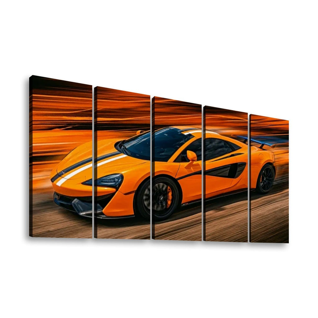 A five-panel canvas wall art set depicting a bright orange sports car with black racing stripes on a blurred orange and brown background, shown against a plain white wall.