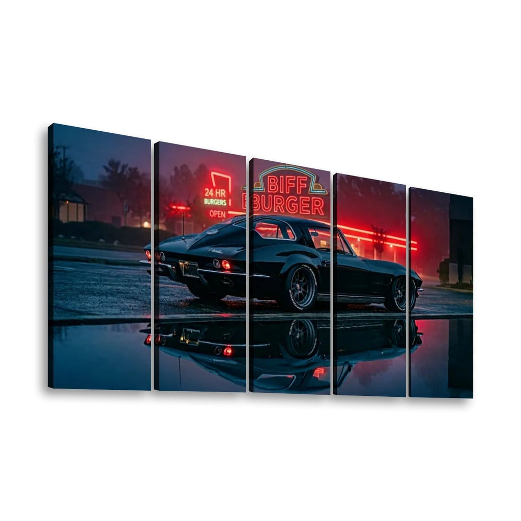 A five-panel canvas wall art set depicting a black 1963 Split Window Chevy Corvette parked at a diner under a glowing red neon sign, shown against a plain white background.