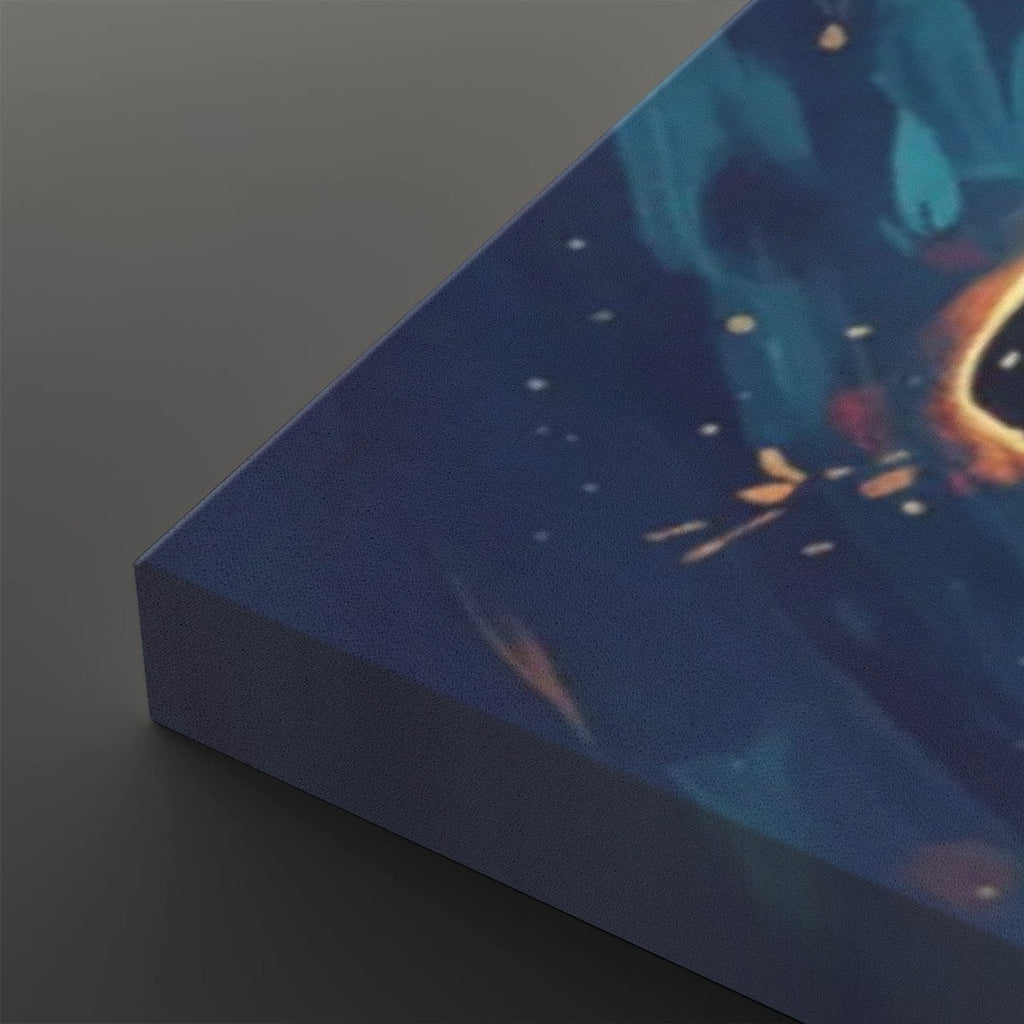 A close-up of a square canvas print showing its wrapped edge, featuring an abstract cosmic design in deep blue, teal, and orange with small glowing white specks, set against a dark gray background.