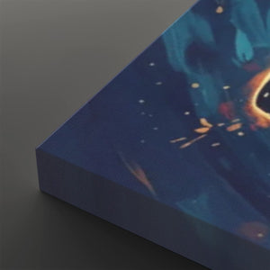 A close-up of a square canvas print showing its wrapped edge, featuring an abstract cosmic design in deep blue, teal, and orange with small glowing white specks, set against a dark gray background.