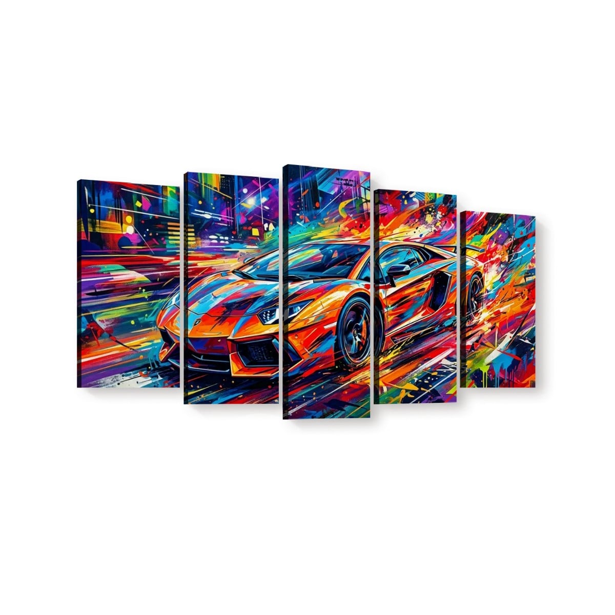 A 5-panel canvas wall art set depicting a vibrant, colorful abstract painting of a sports car on a city street at night, shown against a plain white background.