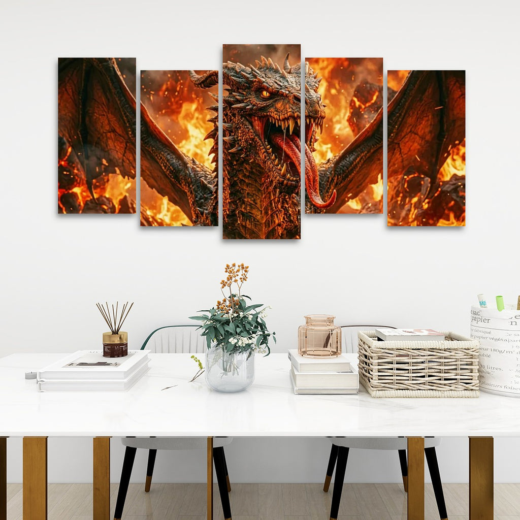 A 5-panel canvas wall art set depicting a fiery dragon with wings spread, displayed above a white dining table in a modern room setting.