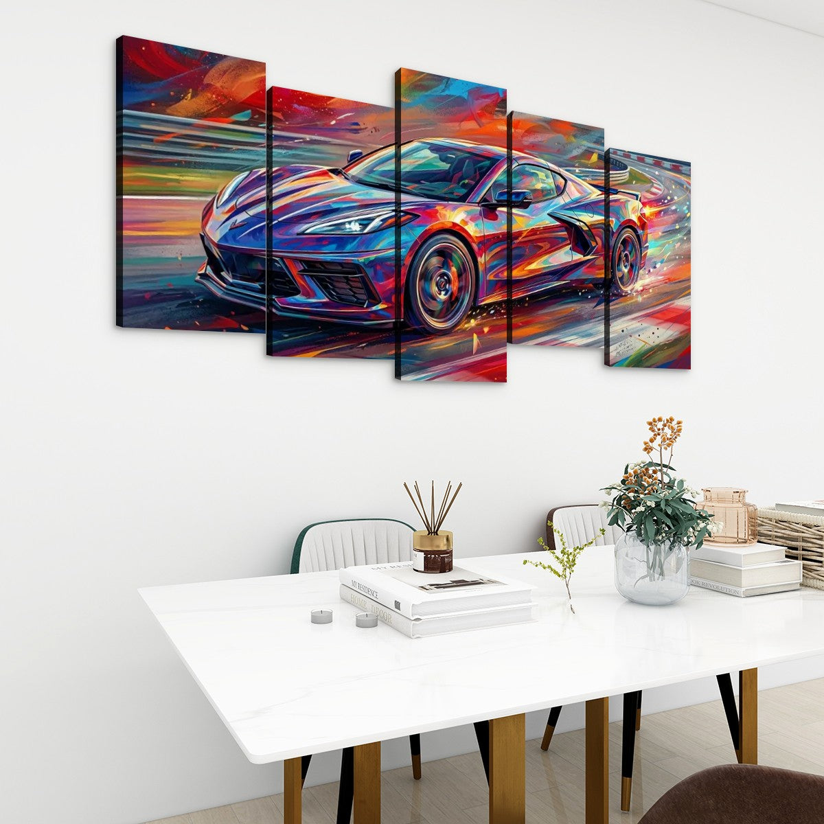 A 5-panel canvas wall art set depicting a colorful, abstract Corvette sports car, displayed on a white wall above a modern dining table with chairs and decorative items.