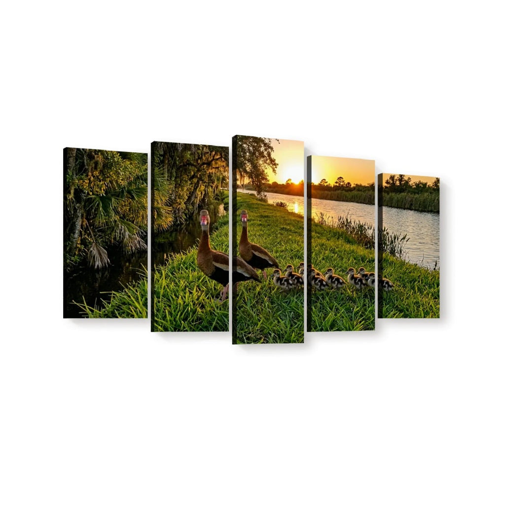 Five-panel canvas wall art showing a family of ducks and ducklings on a grassy lakeside at sunset, displayed against a plain white background.