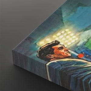 A close-up of a canvas wall art print showing a painted portrait of a man in a blue suit against a teal and dark background, photographed at an angle on a dark gray surface.